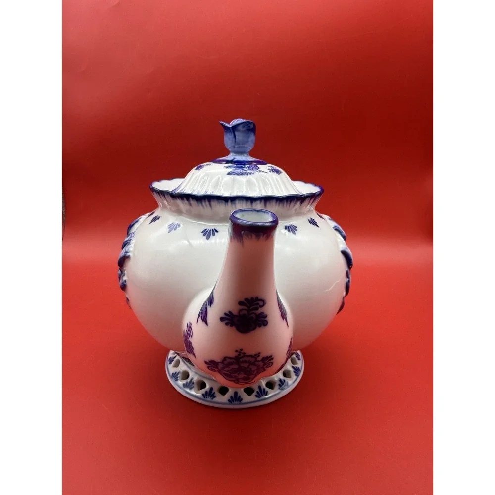 Vintage Delft Blue Teapot Raised Tulips Holland Hand Painted